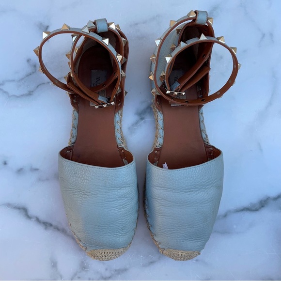 Valentino Rockstud textured leather ankle-wrap espadrille flat sandal IT 39 US 9 - Picture 9 of 16